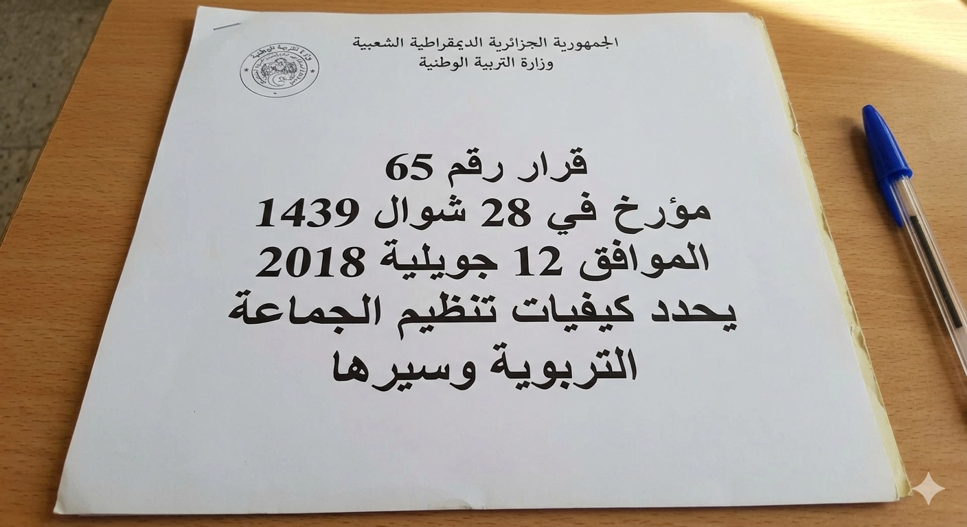 قرار رقم 65 مؤرخ في 28 شوال 1439 الموافق 12 جويلية 2018 يحدد كيفيات تنظيم الجماعة التربوية وسيرها